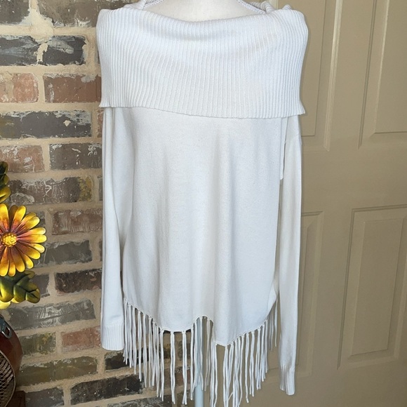 Michael Kors Cream White Cotton Statement Fringe Sweater Shawl Funnel Collar LRG - Picture 6 of 15